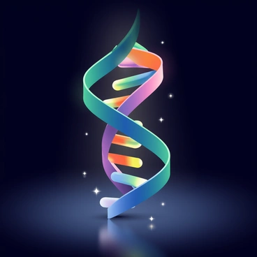 A colorful three-dimensional DNA double helix is spiraling upwards against a dark background. The DNA strands are composed of vibrant hues, including bright blue, green, and orange, with the rungs made of glowing yellow and purple base pairs. The helix has a luminous quality, casting soft reflections on the dark surface beneath. Surrounding the helix, tiny particles of light twinkle, enhancing the dynamic movement of the structure. The overall composition highlights the intricate details of the DNA model, emphasizing its three-dimensional form and colors.