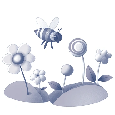 A bee with intricate patterns on its body is flying through a fantastical landscape. The scene is populated with flowers shaped like various candies, such as lollipops and gummy bears. The flowers are diverse in size and design, each with unique features that create a playful atmosphere. The bee is in mid-flight, its wings delicately flapping, while the background suggests a whimsical environment with softly rounded hills. The entire composition conveys a sense of joy and imagination, inviting the viewer into this dreamlike setting.