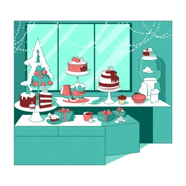 A teal cake shop is filled with various holiday-themed cakes displayed on elegant white stands. Each cake is decorated with intricate designs, featuring snowflakes, Christmas trees, and colorful ornaments. The walls are adorned with white garlands and string lights, creating a festive atmosphere. On the counter, there are small teal boxes tied with red ribbons, ready for customers to take home. In the background, large windows show a light snowfall outside, enhancing the holiday spirit.