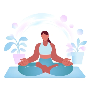 A person is sitting cross-legged on a yoga mat, hands resting on their knees. The individual is wearing comfortable athletic clothing, and their posture is upright, showcasing perfect spinal alignment. A soft light is illuminating the scene, casting gentle shadows on the mat. Behind the person, there is a serene setting with potted plants, creating a calming atmosphere. Above the individual, ethereal lines are drawn in a soft gradient, suggesting the flow of breath and energy. Several circular shapes in varying sizes float around them, embodying a sense of tranquility and mindfulness.