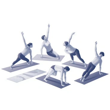 A diverse group of individuals is positioned in a side plank pose on their yoga mats. Each person showcases different body types and ethnicities, demonstrating the inclusivity of yoga practice. The mats are arranged in a circular formation on a flat surface, each featuring unique designs. The participants maintain strong and balanced postures, with their legs extended and one arm reaching toward the ceiling. The setting conveys a sense of community and shared focus on fitness and well-being.