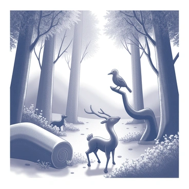 A dense forest setting filled with tall trees, each with unique shapes and textures, creating a sense of depth. Among the trees, several fantastical creatures can be seen wandering. One creature resembles a small, deer-like figure with large, spiral antlers, standing gracefully near a moss-covered log. Another creature, resembling a bird with intricate feather patterns, perches on a low branch, its beak open as if singing. The forest floor is dotted with various plants and flowers, adding to the lively atmosphere. Sunlight filters through the foliage, casting playful shadows on the ground.
