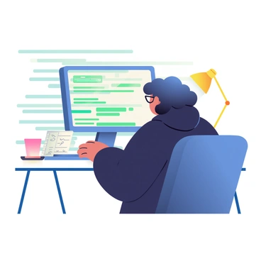 A woman with dark curly hair is sitting at a desk, intensely focused on her computer screen. She is wearing glasses and a black hoodie. Lines of green and blue code are displayed on the screen, creating a digital atmosphere surrounding her. A notebook with handwritten notes is open beside her, along with a cup of coffee. The room is dimly lit, with a single desk lamp casting a warm glow over the workspace, creating a cozy yet productive environment.