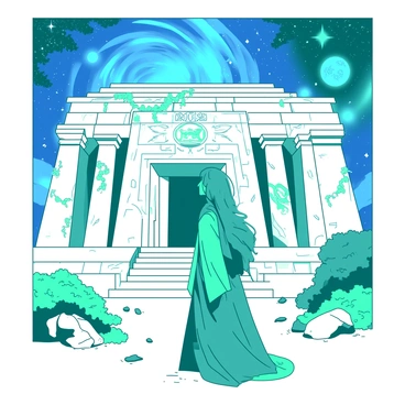 A teal traveler wearing flowing robes stands in front of a massive white ancient temple adorned with intricate carvings and vines. The temple has towering stone columns, and its entrance is framed by glowing symbols. Above the traveler, a swirling blue astral sky filled with various celestial bodies and stars expands across the scene. The traveler gazes in awe, with a look of wonder on their face as a gentle breeze rustles the robes. In the foreground, there are scattered white stones and lush teal foliage, adding depth to the mystical environment.