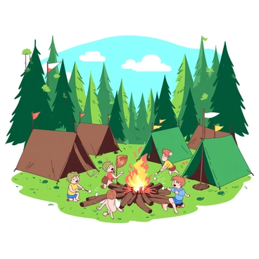 A vibrant camp of the Lost Boys is set in a lush forest, with towering green trees reaching high into the sky. Multiple tents made of green and brown fabric are scattered throughout the camp, and the tents are adorned with colorful flags flapping in the breeze. In the center, a large fire pit is surrounded by logs used as seating, with flames dancing and illuminating the surroundings. Some Lost Boys are gathered around the fire, roasting marshmallows on sticks. Others are climbing the trees or playing games, their laughter echoing through the forest. The ground is covered in soft green grass and scattered leaves, adding to the lively atmosphere.