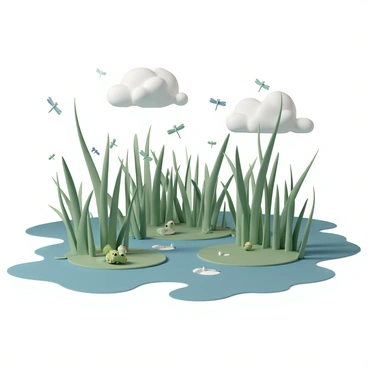 A lush wetland ecosystem featuring vibrant green reeds of varying heights swaying gently in the breeze. Several small, bright green frogs are perched on lily pads and among the reeds, their skin glistening with moisture. Numerous dragonflies with iridescent wings hover around, showcasing a variety of colors including blue and green. The sky above is filled with thick, gray clouds, casting soft shadows over the scene. Patches of water reflect the surrounding vegetation, creating a serene yet lively atmosphere.