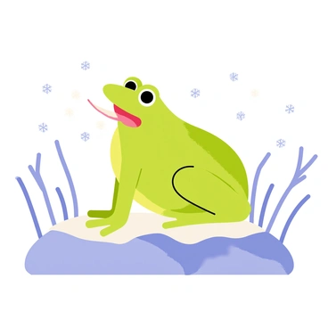 A green frog sitting on a flat rock with its bright eyes wide open. The frog has its mouth wide open, catching delicate white snowflakes on its long, slim tongue. Soft white snowflakes are gently falling around the frog, creating a light dusting on the rock and the surrounding grass. The background features a few bare tree branches with snow resting on them, enhancing the winter atmosphere. A light blue sky is visible, hinting at a calm, chilly day.