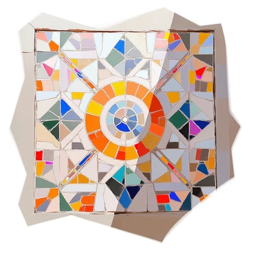 A detailed ancient mosaic showcasing intricate geometric patterns in a variety of shapes, including triangles, circles, and squares. The mosaic is composed of small, colorful tiles arranged in a harmonious composition, emphasizing precise ratios and symmetry. The colors used in the tiles range from deep blues and rich greens to warm reds and yellows, creating a vibrant visual effect. The geometric designs flow seamlessly into one another, demonstrating an elaborate and sophisticated layout that reflects ancient artistry. The edges of the mosaic are framed with a simple border, enhancing the focus on the central patterns.