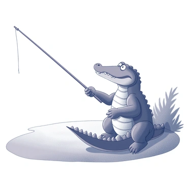 A crocodile is sitting patiently by the edge of a riverbank. The crocodile has a robust body with distinct scales and a long, powerful tail. It holds a fishing rod firmly in its claws, which is balanced over the water. The water is calm, reflecting some surrounding foliage. The crocodile's eyes are focused on the surface, eagerly waiting for a catch.