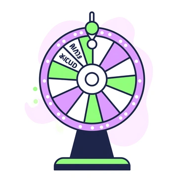 A spinning wheel is positioned on a stand, designed for selecting words for contestants. The wheel features several sections, each with a distinct word written in bold lettering. The words are arranged in a circular pattern, alternating in size and font style to create visual interest. The outer rim of the wheel is decorated with green and purple accents, and a pointer is mounted at the top to indicate the selected word when the wheel stops spinning. The background is a simple stage setting with a subtle spotlight illuminating the wheel.