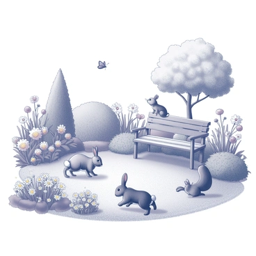 A detailed garden scene filled with diverse plants and flowers. In the foreground, a variety of animals are interacting playfully. There is a rabbit hopping near a patch of daisies, a squirrel climbing up a tree, and a small bird perched on a branch. The background features lush greenery, including tall bushes and winding paths. A wooden bench sits invitingly under a flowering tree. In one corner, a butterfly flutters among colorful blooms, adding a sense of movement to the tranquil garden.