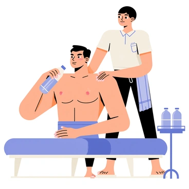 A muscular athlete sitting on a massage table, taking a sip from a clear water bottle. The athlete has a focused expression, with sweat glistening on their forehead, showcasing physical exertion. A massage therapist is providing a deep tissue massage to one of the athlete's shoulders, with hands positioned firmly on the athlete's back. In the background, there is a towel draped over a nearby bench and a small table holding additional water bottles, emphasizing the theme of hydration.