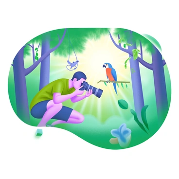 A man is crouched low on the forest floor, holding a camera with a long lens aimed at a colorful bird perched on a branch nearby. He is dressed in a green khaki shirt and shorts, blending into the lush surroundings. The jungle is thick with vibrant green foliage, towering trees, and a variety of tropical plants. Sunlight filters through the leaves, creating dappled patterns on the ground. In the background, a glimpse of a monkey can be seen swinging between branches, adding to the lively atmosphere of the jungle.