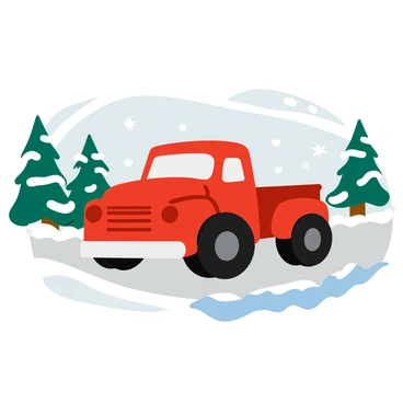 A bright red truck is driving through a snowy winter wonderland. The truck features large, chunky tires and a shiny exterior, reflecting the wintery landscape. Snowflakes are gently falling from the sky, creating a flurry of white against the vibrant red of the truck. The ground is blanketed with thick layers of fluffy snow, and pine trees dusted with snow line the sides of the road, their branches heavy with the weight of the snow. The sky is a soft gray, adding to the wintry atmosphere.