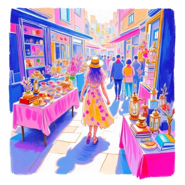 A woman with long, flowing hair is walking through a bustling vintage market filled with a variety of antiques. She is wearing a floral dress and a wide-brimmed hat. In the market, there are tables displaying colorful porcelain dishes, old books with worn covers, and brass lanterns. On a nearby table, a collection of vintage jewelry glitters under the sunlight. People can be seen browsing the stalls, examining unique items, and engaging in animated conversations. The atmosphere is lively and dynamic, with different displays and an array of textures.