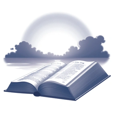 A detailed silhouette of an open book with the words "2 Timothy 3:16" clearly visible on its pages. The book is positioned in the foreground, capturing the viewer's attention. In the background, a stunning sunset features a horizon with a gradient of black and white shades contrasting the dark silhouette of the book. The sky is filled with dramatic shapes of clouds, which adds depth to the scene, while the light from the sunset subtly outlines the silhouette, enhancing the visual impact.