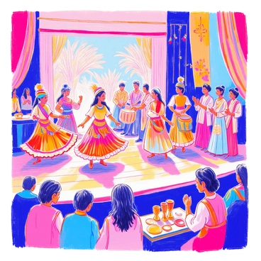 A traditional cultural award ceremony is taking place in a decorated hall. The stage is adorned with colorful banners and garlands. Dancers dressed in vibrant costumes are performing intricate movements, showcasing their cultural heritage. Their outfits feature bright patterns and detailed embellishments. Musicians are positioned nearby, playing traditional instruments such as drums and flutes. In the audience, people are attentively watching, some clapping along to the rhythm. Awards are displayed on a table to the side, gleaming under the soft lights.