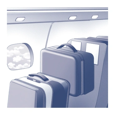 A stylish carry-on bag is placed securely in the overhead compartment of an airplane, positioned between other luggage. The bag features modern, sleek lines and a textured surface. Through the compartment's window, fluffy clouds can be seen, suggesting altitude and travel. The interior of the airplane is visible, showcasing overhead lights and the outline of passenger seats.