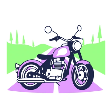 A classic motorcycle is centered on the design of a t-shirt illustration. The motorcycle features a sleek frame and chrome details, with a prominent headlight and exhaust pipes. The tires are thick and rugged, reflecting its vintage style. The background depicts a scenic open road that stretches towards the horizon, framed by rolling hills on either side. There are a few sparse trees along the roadside, framing the motorcycle as it stands poised, ready for adventure. The sky above is clear and expansive, emphasizing the freedom of the open road.