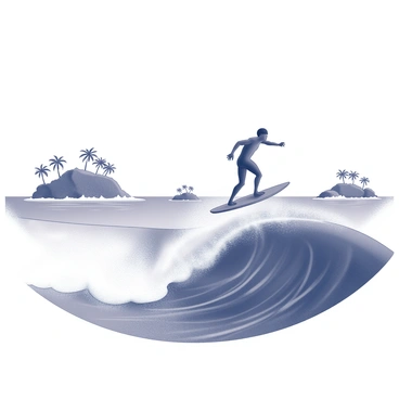 A surfer is positioned atop a large, curling wave, balancing skillfully on a surfboard. The wave is frothy with white foam crests and is towering over the surfer. In the background, there are several tropical islands scattered across the horizon, featuring lush vegetation and palm trees. The sky above is clear, creating a bright and open atmosphere, while the ocean displays movement and energy as the wave crashes.