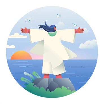 A character representing "freedom" stands on a cliff overlooking a vast ocean. The character has long, flowing hair that appears to be dancing in the wind, symbolizing movement and liberation. They wear a flowing white tunic that billows dramatically around them, enhancing the sense of openness. Their arms are spread wide, as if embracing the sky. 

Around the character, there are soft clouds drifting in the blue sky, and a flock of birds is seen soaring in the distance. The sun is setting on the horizon, casting warm orange and pink hues across the sky, which adds to the feeling of expansiveness. Below, the rocky cliff is dotted with green grass, creating a vibrant contrast to the deep blue of the ocean. The scene captures the essence of freedom through the character's posture and the natural elements surrounding them.