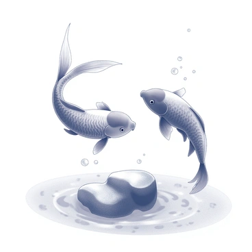Two koi fish are elegantly swimming in a circular motion beneath the surface of the water. The fish have detailed scales and distinct fin shapes, showcasing their fluid movements as they chase each other playfully. They are navigating around a small underwater rock that is partially covered in soft algae. Light filters through the water, creating intricate patterns on the sandy bottom, while bubbles rise to the surface, adding a sense of movement to the tranquil underwater scene.