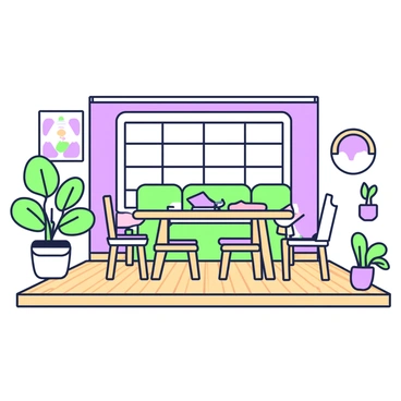 The interior of an eco-friendly home is designed with sustainability in mind. The floor is made of bamboo, featuring a light brown hue that showcases its natural grain. In the center of the room, there is a large, upcycled wooden table surrounded by mismatched chairs, each with unique designs and colors. To the left, a green sofa made from recycled materials complements the earthy tones of the flooring. A large window lets in ample natural light, and potted plants of various sizes are placed around the room, adding a touch of greenery and life. On the walls, artwork made from reclaimed materials is hung, enhancing the eco-conscious theme of the home.