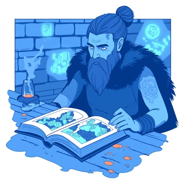 A blue Viking warrior with intricate tattoos on his face is intently consulting an ancient tome that lies open on a weathered wooden table. The warrior has a braided beard and is wearing a fur-lined cloak. Around him, glowing mystical symbols are etched onto the stone walls, and various Norse gods are depicted in vibrant illustrations on the pages of the tome. A soft orange light illuminates the scene, creating a contrast with the blue hues of the warrior and the tome.