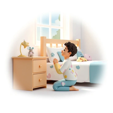 A young child, wearing colorful pajamas with cartoon patterns, is kneeling by a wooden bedside table. The room is softly lit with morning sunlight streaming through a window, illuminating the child's features. The child has short curly hair and clasped hands in front of them, with a gentle expression on their face as they focus on their morning prayer. On the bedside table, there is a small night lamp shaped like a star and a teddy bear sitting nearby. The bed has a neatly arranged comforter with a playful design, adding to the cozy atmosphere of the room.