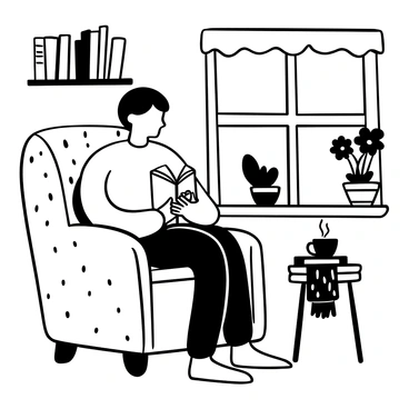 A person seated in a plush armchair, deeply engrossed in reading a devotional book held in their hands. The armchair features soft fabric, inviting patterns, and is positioned beside a large window that allows natural light to filter in. A small side table next to the armchair holds a steaming cup of tea and a vase with fresh flowers. A warm, knitted blanket is draped over the armchair, adding to the cozy atmosphere. The background includes a shelf filled with books and a potted plant on the windowsill.