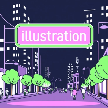 A neon sign is hanging prominently in a bustling cityscape at night. The sign features the word "illustration" in bold letters, illuminated brightly. The cityscape includes tall buildings with numerous windows sparkling in the darkness. Below the sign, there are streetlights casting light onto the bustling sidewalks, where people are walking. A few trees line the street, their leaves subtly waving in a gentle breeze. The sky above is dark, enhancing the vibrancy of the neon sign.