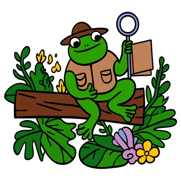 A green frog dressed as an explorer, wearing a small brown explorer hat and a tan vest with pockets. The frog is holding a folded map in one hand and a magnifying glass in the other, displaying a look of curiosity. It is perched on a thick branch surrounded by lush, green jungle foliage, with vibrant tropical plants and colorful flowers contributing to the rich surroundings. Sunlight filters through the leaves, casting dappled light on the frog and its adventuring gear.
