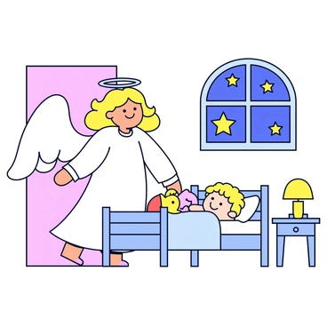 A guardian angel with large, soft white wings stands beside a small bed. The angel has a gentle expression, with flowing golden hair and a simple white robe. In the bed, a sleeping child with curly hair is tucked under a light blue blanket. The bedroom has a pastel-colored wall and a small nightstand with a glowing lamp. A stuffed toy is placed next to the child, and a window shows a starry night sky outside.