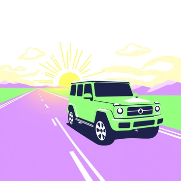 A G-Wagon is speeding down an empty highway. The vehicle has a sleek design with sharp angles and luxurious features. Sunlight is casting a warm glow over the scene, enhancing the contours of the car. The highway stretches out in a straight line, flanked by distant mountains on one side and open fields on the other. The sky is filled with wispy clouds, and the horizon is adorned with the soft light of the setting sun. The asphalt reflects the golden hues, creating a dynamic contrast with the G-Wagon as it moves swiftly along the road.