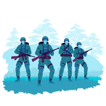 A group of infantry soldiers in camouflage uniforms is advancing across a foggy field. Each soldier holds a rifle tightly, displaying expressions of determination on their faces. The fog creates an ethereal atmosphere, partially obscuring the landscape in the background. The soldiers are in various tactical positions, some crouching while others are standing, ready for action. The grass is wet with dew, and faint silhouettes of trees are barely visible through the mist, adding to the sense of urgency in the scene.