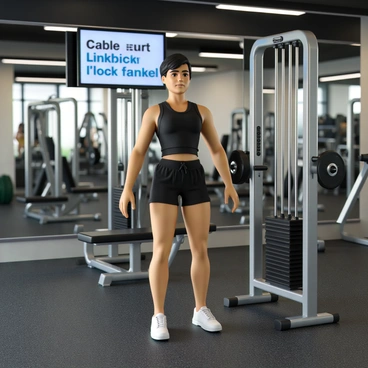 A celebrity trainer with short, stylish hair and wearing a fitted athletic tank top and shorts is demonstrating a workout move. They stand beside a cable machine in a well-equipped gym. The trainer is showcasing proper form for cable kickbacks, with one foot placed behind them and their body leaning slightly forward. The cable machine has bright metal components and an adjustable pulley. The background features gym equipment, including weights and mats, and mirrors reflecting the action. "Cable kickbacks" is displayed prominently on a digital screen behind them.