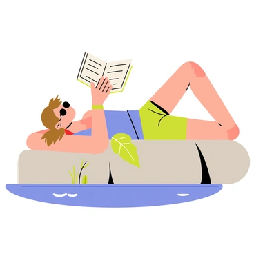 A person lying on a large gray rock next to a clear blue pool of water. The person has brown hair and is wearing dark sunglasses, a light blue tank top, and green shorts. They are holding an open book in one hand, with pages slightly curled from the heat. Sunlight is casting warm highlights on their skin, and a few tropical plants are visible in the background, adding a touch of greenery. The scene conveys a relaxed atmosphere as the person enjoys the warmth of the sun.