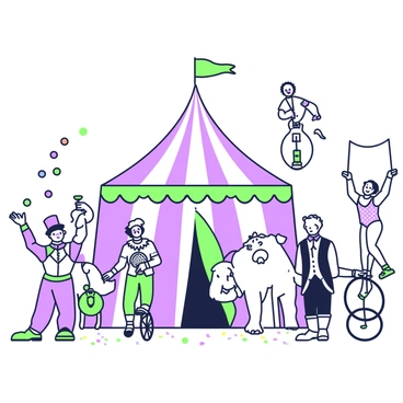 A large circus tent is center stage, with its striped canopy towering above. In front of the tent, a group of performers stands, dressed in early 1900s attire. To the left, a juggler with a bowler hat is tossing colorful balls into the air. Next to him, a clown with a painted face is balancing on a unicycle, wearing a polka-dotted outfit. A trapeze artist swings gracefully on the right, wearing a fitted leotard adorned with sequins. 

In the background, a pair of elephants calmly stand, decorated with ornate saddles. A lion tamer, wearing a waistcoat and holding a whip, stands confidently beside them. The ground is covered with sawdust and scattered colorful confetti, enhancing the lively atmosphere of the scene.