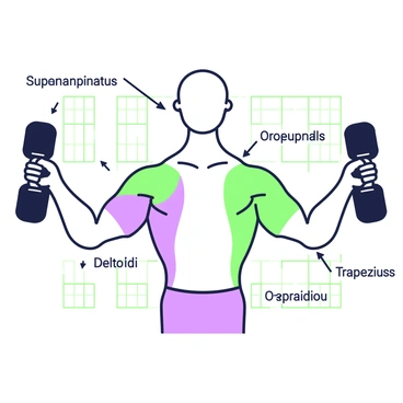 A detailed diagram illustrating the muscles engaged during a lateral raise exercise. In the center, a silhouette of a person is performing a lateral raise with arms extended sideways, holding weights in both hands. The diagram highlights various muscles in different colors: the deltoids are prominently displayed on the shoulders, with the supraspinatus and trapezius also indicated. The diagram includes arrows pointing to each muscle group, labeled with names such as "Deltoid," "Supraspinatus," and "Trapezius." The background includes a grid for better clarity of the muscle placements.