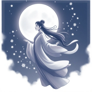 A figure of "Chang'e," the Chinese moon goddess, is depicted mid-air in the night sky. She is gracefully floating, surrounded by a celestial backdrop filled with stars and a large, luminous moon. Chang'e has flowing robes that appear to billow gently as if caught in a soft breeze. Her long hair cascades down her back, and her expression is serene as she gazes at the earth below. Tiny star-like flowers radiate around her, enhancing the ethereal quality of the scene. The overall composition conveys a sense of tranquility and magic under the night sky.
