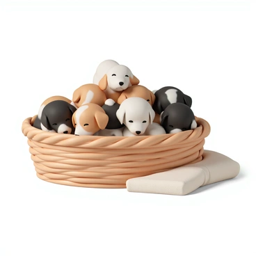 A wicker basket filled with a litter of puppies, all snuggled closely together. The puppies have various fur colors, including golden, black, and brown, with some having patches of white. Their eyes are closed, and they are nestled against one another, creating a cozy scene. The basket is placed on a soft, light-colored blanket, adding to the warmth of the image. Some puppies have their little paws resting on each other, while a few have their ears flopped adorably over their heads. The overall atmosphere showcases a peaceful and heartwarming moment among the puppies.