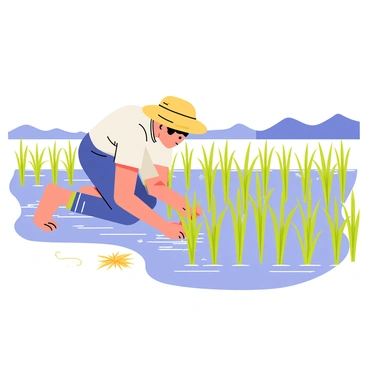 A farmer wearing a straw hat is kneeling in a flooded paddy field. The farmer is carefully planting rice seedlings in neat rows. The water in the paddy glistens under the sunlight, and small ripples are visible around the farmer’s hands. Lush green rice plants are emerging from the muddy ground, and a few pieces of straw are scattered around the field. The background features distant hills and a clear blue sky.