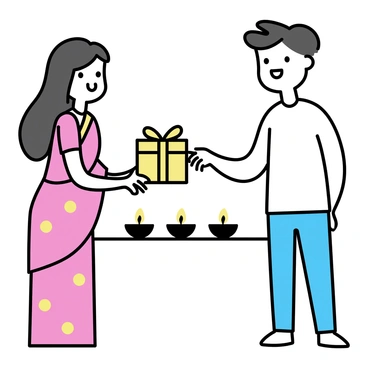 Two friends are standing in a warm, inviting room decorated for Diwali. One friend is a woman with long, dark hair, wearing a bright red saree adorned with gold patterns. She is handing a beautifully wrapped gift, tied with a golden ribbon, to her friend. The other friend, a man with short black hair, is dressed in a white kurta and blue jeans. He has a broad smile as he receives the gift. Soft, flickering diya lamps are placed on a table in the background, casting a warm glow. 