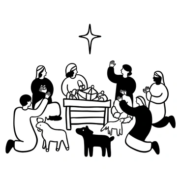 Shepherds gathered around a wooden manger, each holding a small gift wrapped in simple cloth. Some kneel on the ground while others stand, creating a circle around the manger. Their clothing is rustic, with robes and head coverings that suggest their humble origins. One shepherd raises his hands in a gesture of prayer, while another gently places his gift inside the manger. The scene is filled with a sense of reverence, as small animals are nestled near the base of the manger, adding to the pastoral atmosphere. A star is visible above the scene, shining brightly in the night sky.
