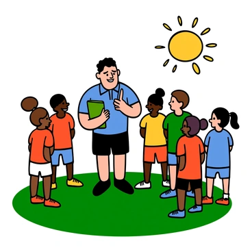 A coach with light skin and short black hair is standing on a grassy field, holding a clipboard in one hand. He has a determined expression on his face, showcasing his focus and commitment. He is wearing a blue polo shirt and black shorts. Around him, a group of young players with various skin tones and hairstyles are attentively listening to his advice. The players are dressed in colorful sports uniforms and are standing in a semi-circle, showing engagement and eagerness to learn. The sun is shining, creating a bright and energetic atmosphere.