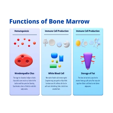 A 3D icon of a chart titled "Functions of Bone Marrow." The chart features labeled sections with clear illustrations. One section shows "Hematopoiesis" with an image of red blood cells being produced. Another section is labeled "Immune Cell Production" with visuals of white blood cells. A third section titled "Storage of Fat" shows adipocytes. Each section is visually distinct with icons and concise text explaining the functions. The overall design is clean and easy to understand, emphasizing clarity and education.