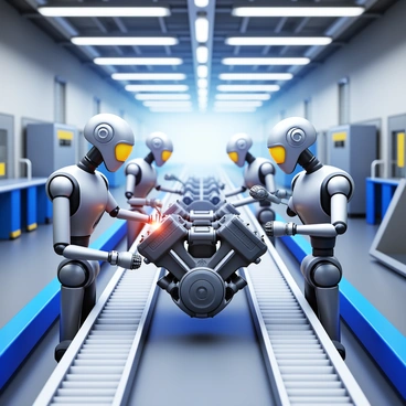 A group of metallic robots with articulated arms assembling a car engine in a modern factory setting. The robots are focused on their tasks, with some welding components while others are fitting parts together. The factory background features sleek machinery and bright overhead lights, emphasizing a high-tech environment. Conveyors are transporting engine parts, contributing to the assembly process. The scene is filled with a sense of efficiency and precision in the robotics at work.
