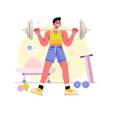A cartoon character with a big smile, wearing a colorful tank top and gym shorts, is enthusiastically lifting a shiny silver barbell for curls. The character has cartoonish muscular arms, and their hair is styled in a fun way. They are standing on a bright gym floor with pastel-colored weights scattered around. The background shows an abstract representation of gym equipment, like dumbbells and a bench press, enhancing the workout theme. There are little action lines around the character to emphasize their energetic motion.