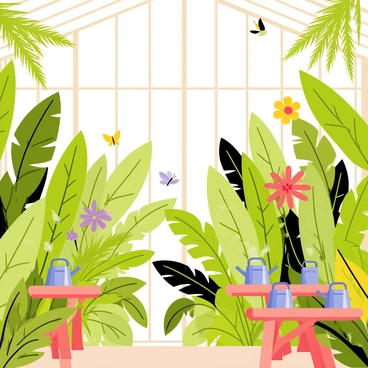 A greenhouse filled with tall, vibrant green exotic plants with large leaves of various shapes and sizes. The sunlight streams through the glass panels above, creating patches of light and shadow on the ground. There are colorful flowers blooming throughout, adding splashes of red, yellow, and purple among the greenery. The air appears warm and moist, with gentle steam rising from small watering cans placed on wooden tables. A hummingbird hovers near a bright flower, and butterflies flit around the plants, enhancing the lively atmosphere inside the greenhouse.