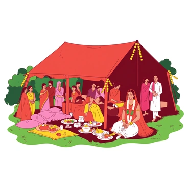 A red tent is set up in a lush green field for a traditional Indian rural wedding scene. Guests are gathered, wearing vibrant attire in shades of orange, pink, and yellow. Some guests are standing in groups, laughing and chatting, while others are seated on colorful cushions arranged around the tent. A table adorned with ornate dishes and a variety of traditional sweets is placed at the center of the tent. A couple dressed in elaborate wedding garments is at the forefront, smiling as they take part in the ceremonies, surrounded by family and friends celebrating. Bright marigold garlands hang from the tent, adding to the festive atmosphere.